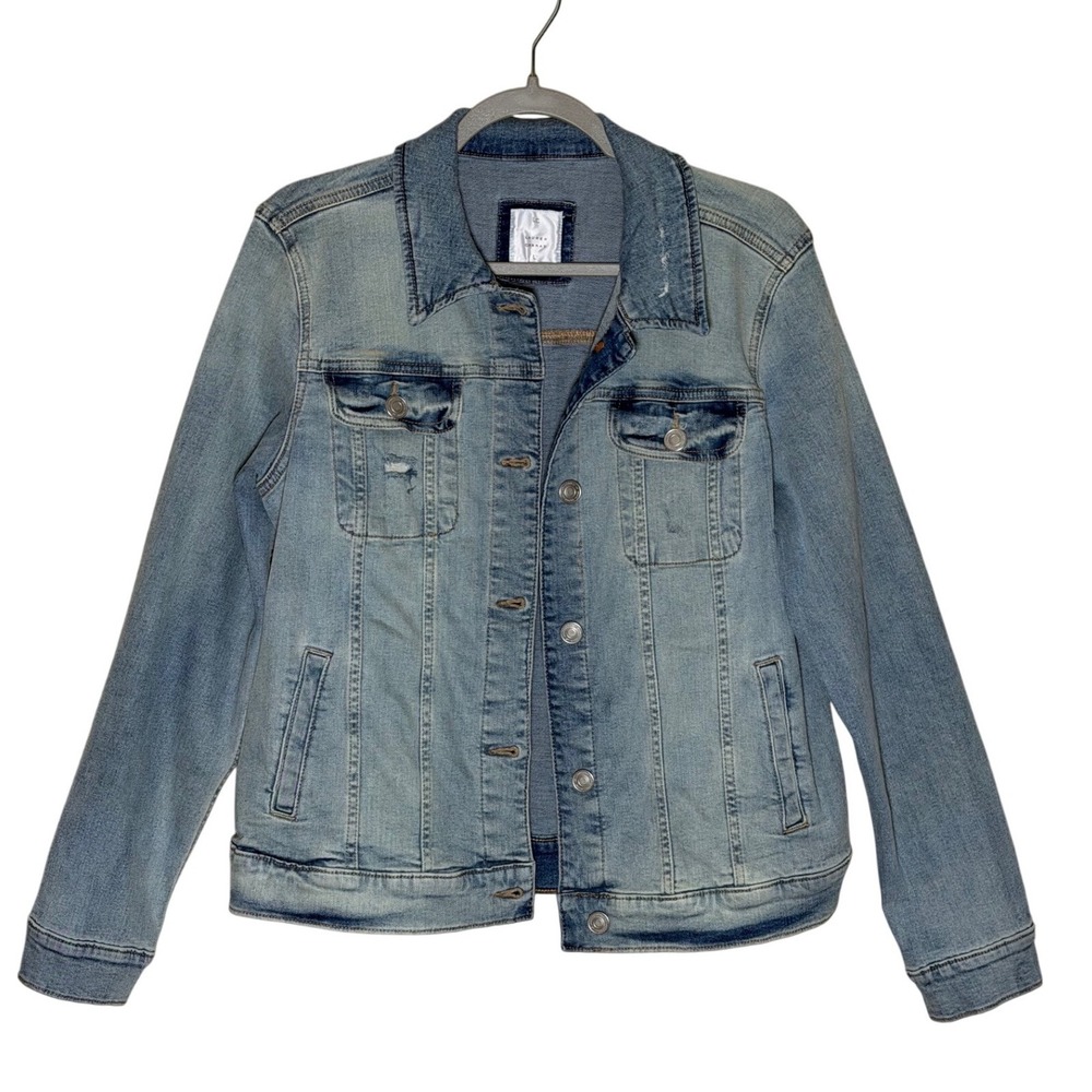 LC Lauren Conrad Blue Denim Jacket L Distressed Cotton Stretch Trucker Coat - Picture 2 of 7